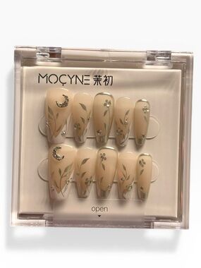 Nude and White French Tip Silver Moon and Flowers Press-On Nail Set